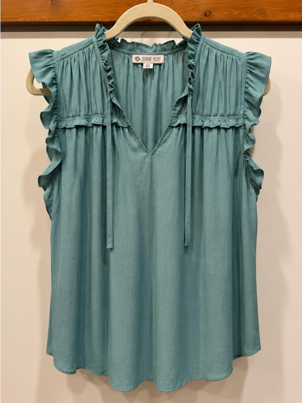 Teal Ruffle Sleeve V-Neck Blouse